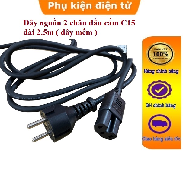 Dây nguồn 2 chân tròn đầu cắm thiết bị C15 dài 2m lõi đồng 3x1.31mm hàng cao cấp