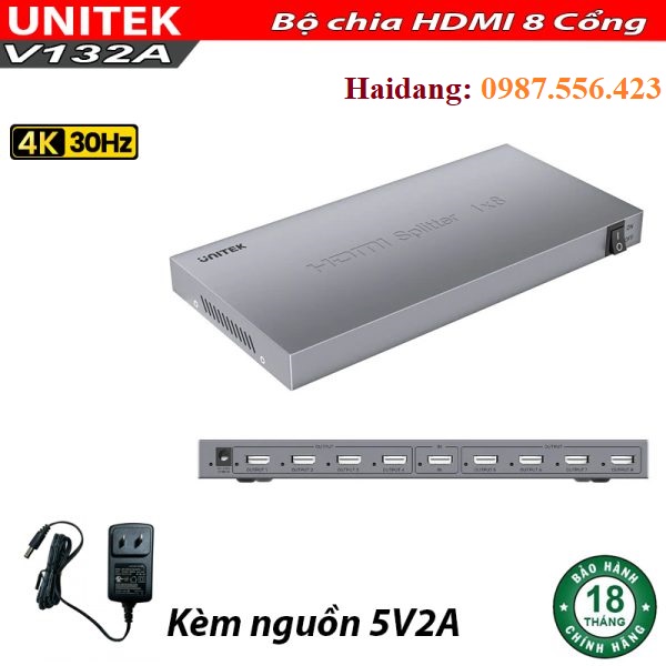  Bộ chia HDMI 8 Cổng Unitek V132A, Hỗ trợ 4K30Hz Adaptor nguồn 5V2A chính hãng