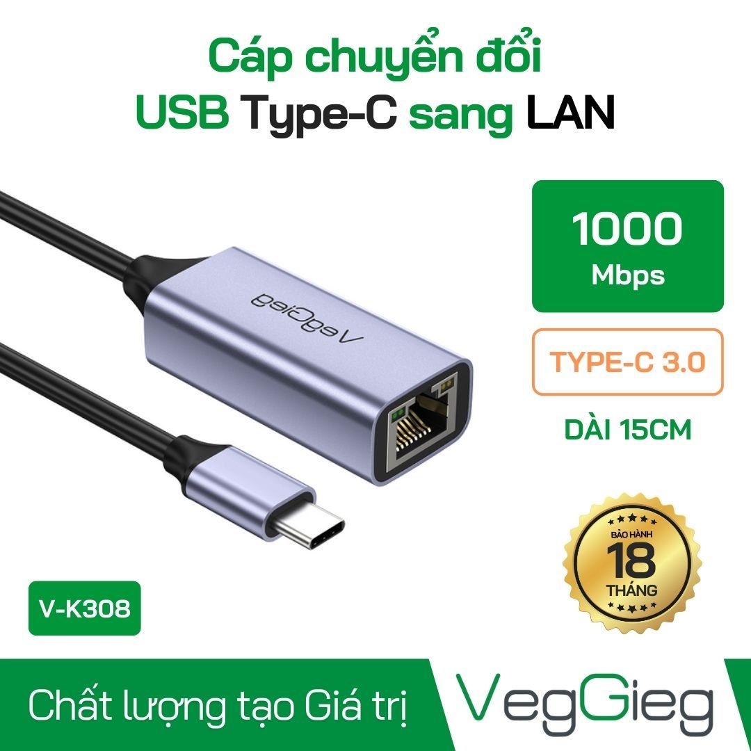 Dây cáp Chuyển Type-C 3.0 sang LAN VegGieg V-K308, Cao Cấp, Chính Hãng