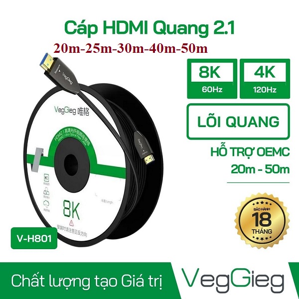 Cáp HDMI 2.1 VegGieg V-H804 lõi quang 8K60Hz dài 40m siêu nét , cao cấp