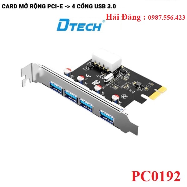Card PCIe x1 ra 4 cổng USB 3.0 Dtech PC0192 , Tốc độ 5Gbps, Chính hãng
