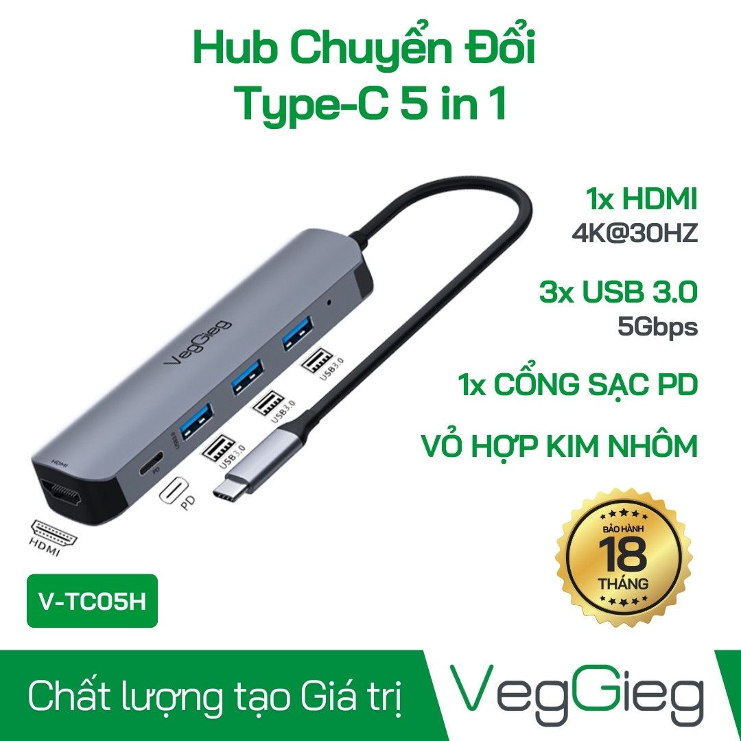 Hub chuyển đổi Type-C VegGieg V-TC05H | 5 in 1 cao cấp, chính hãng