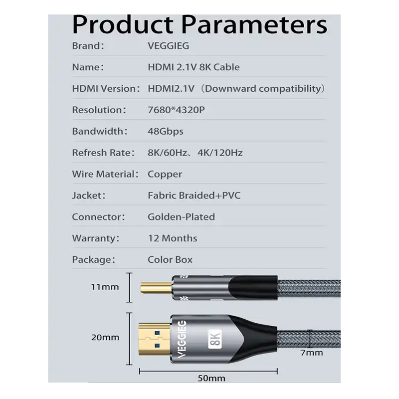 Dây HDMI 2.1 chuẩn 8K144Hz dài 3m mã V_H403 chính hãng VEGGIEG 