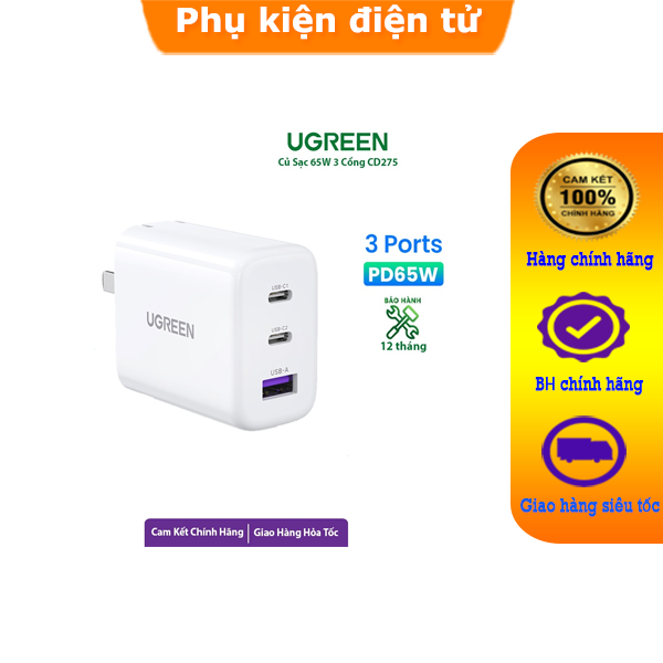 Củ sạc nhanh Ugreen GaN 65W CD275 Cho iPhone, Samsung, Xiaomi hàng chính hãng có bảo hành 