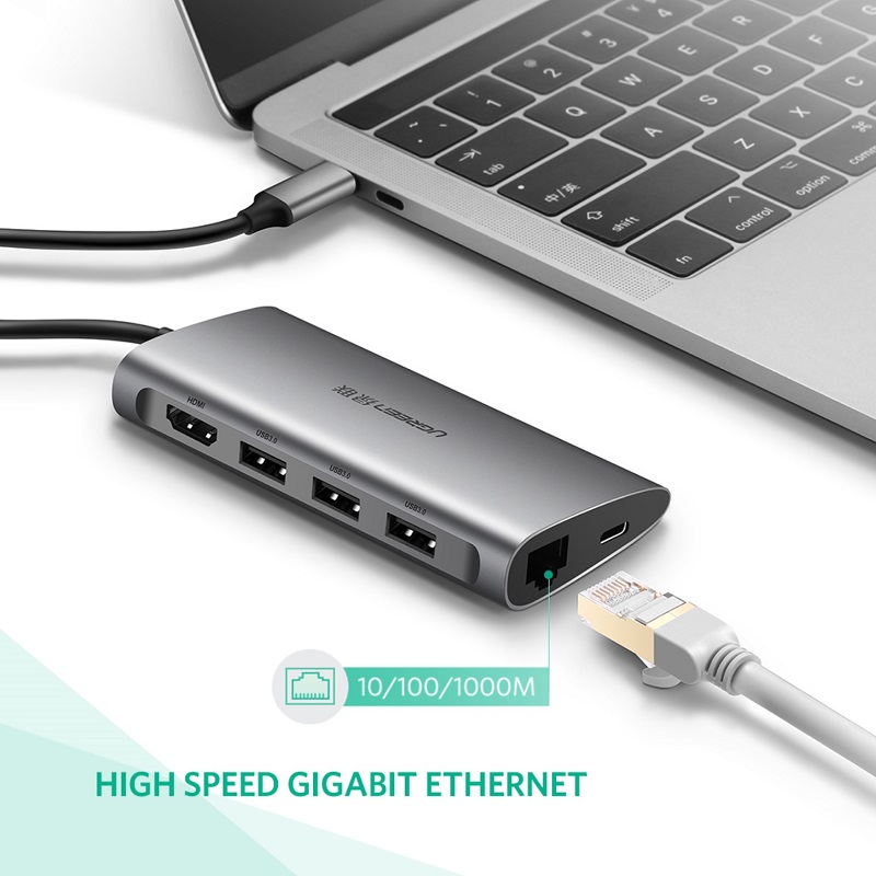 Bộ chuyển đa năng Ugreen 50538 USB-C sang x3 USB3.0+  RJ45 1000gbps Gigabit  8 IN 1