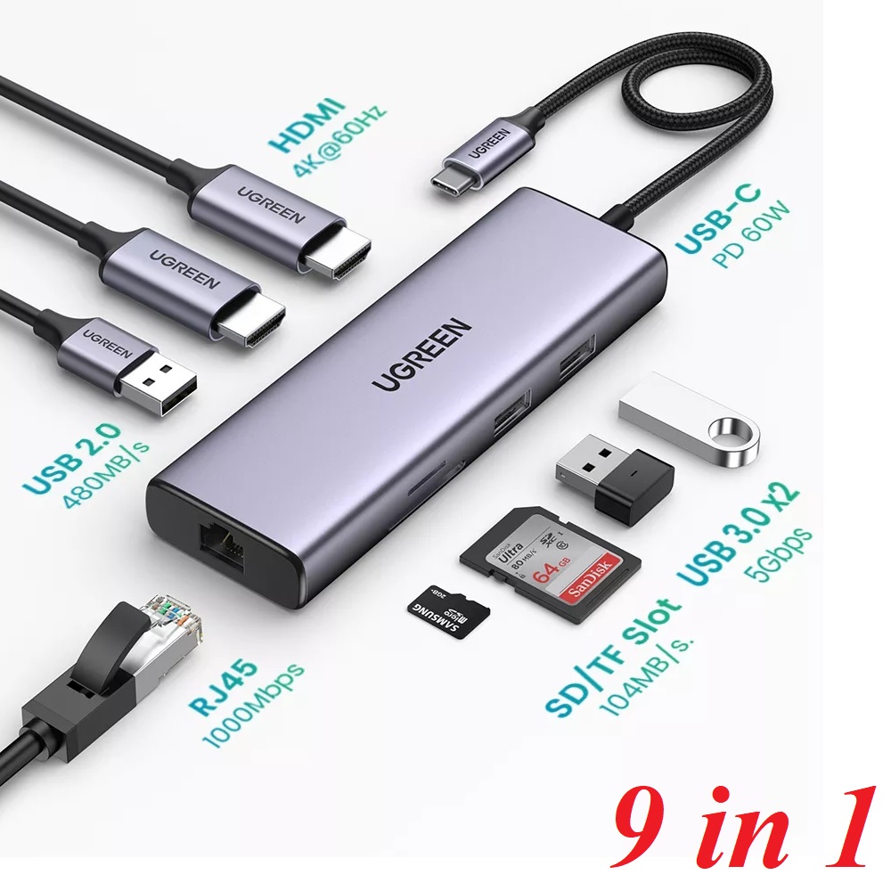 Bộ chuyển đổi Ugreen 90119 USB-C sang 2 HDMI 4K60HZ 9 in 1 đa chức năng