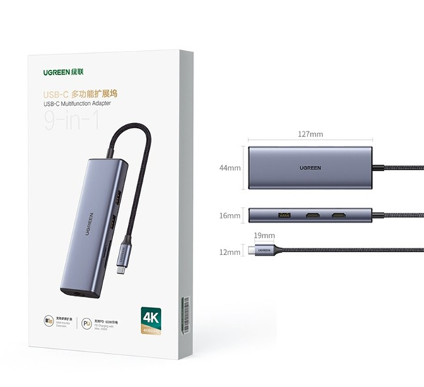 Bộ chuyển đổi Ugreen 90119 USB-C sang 2 HDMI 4K60HZ 9 in 1 đa chức năng