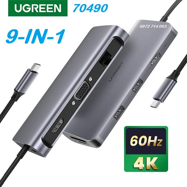 Bộ Hub USB Type-C sang HDMI Ugreen 70490 4K60HZ 9 IN 1 HDMI, Ethernet, USB 3.0