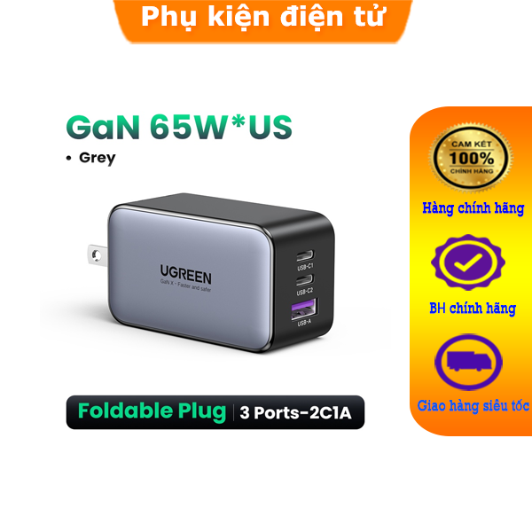 Củ sạc nhanh Ugreen GaN 65W 2C1A hai cổng sạc nhanh cho iPhone, Samsung, Xiaomi