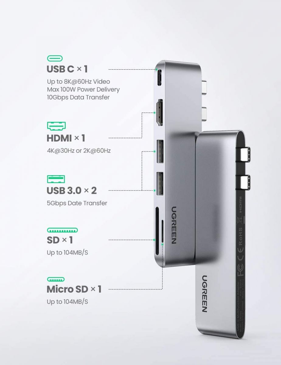 Bộ hub chuyển đổi Ugreen 80856 tích hợp x2 Type C to 2xUSB 3.0, 1xHDMI, 1xSD Card, 1xTF Card, 1xUSB-C