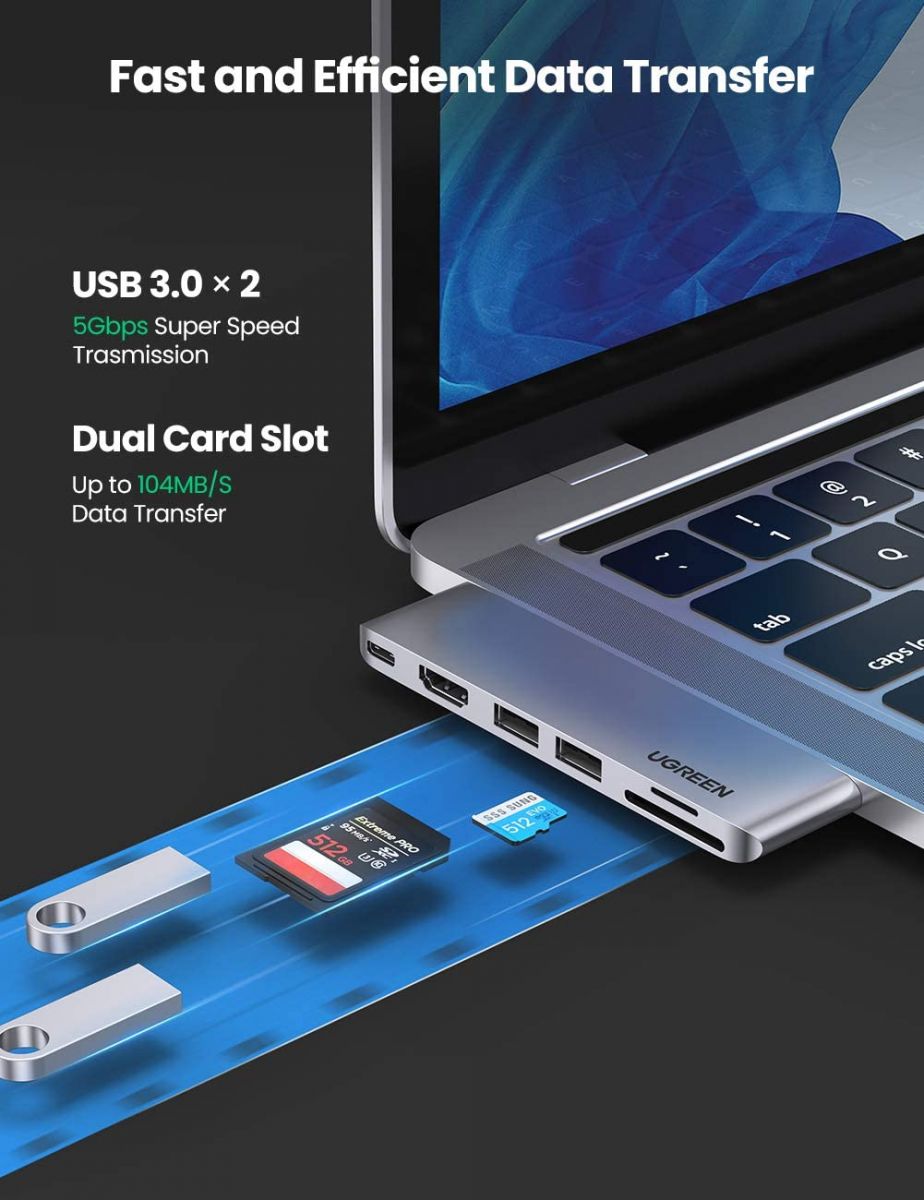 Bộ hub chuyển đổi Ugreen 80856 tích hợp x2 Type C to 2xUSB 3.0, 1xHDMI, 1xSD Card, 1xTF Card, 1xUSB-C