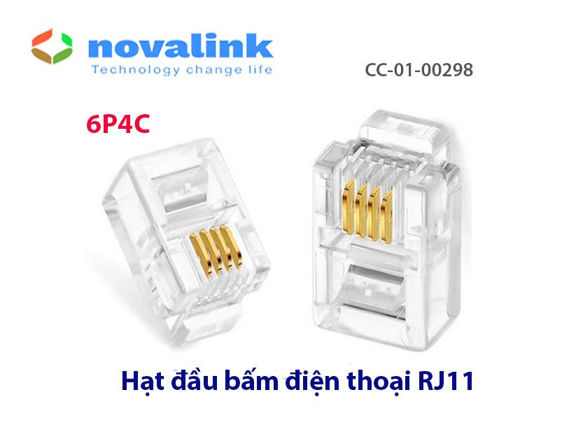 Hạt Điện Thoại RJ11 Đầu Bấm Điện Thoại Novalink CC-01-00298 Loại 4 Tim Crom, Bịch 50c