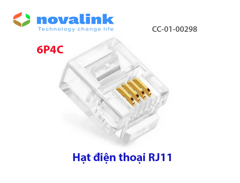 Hạt Điện Thoại RJ11 Đầu Bấm Điện Thoại Novalink CC-01-00298 Loại 4 Tim Crom, Bịch 50c