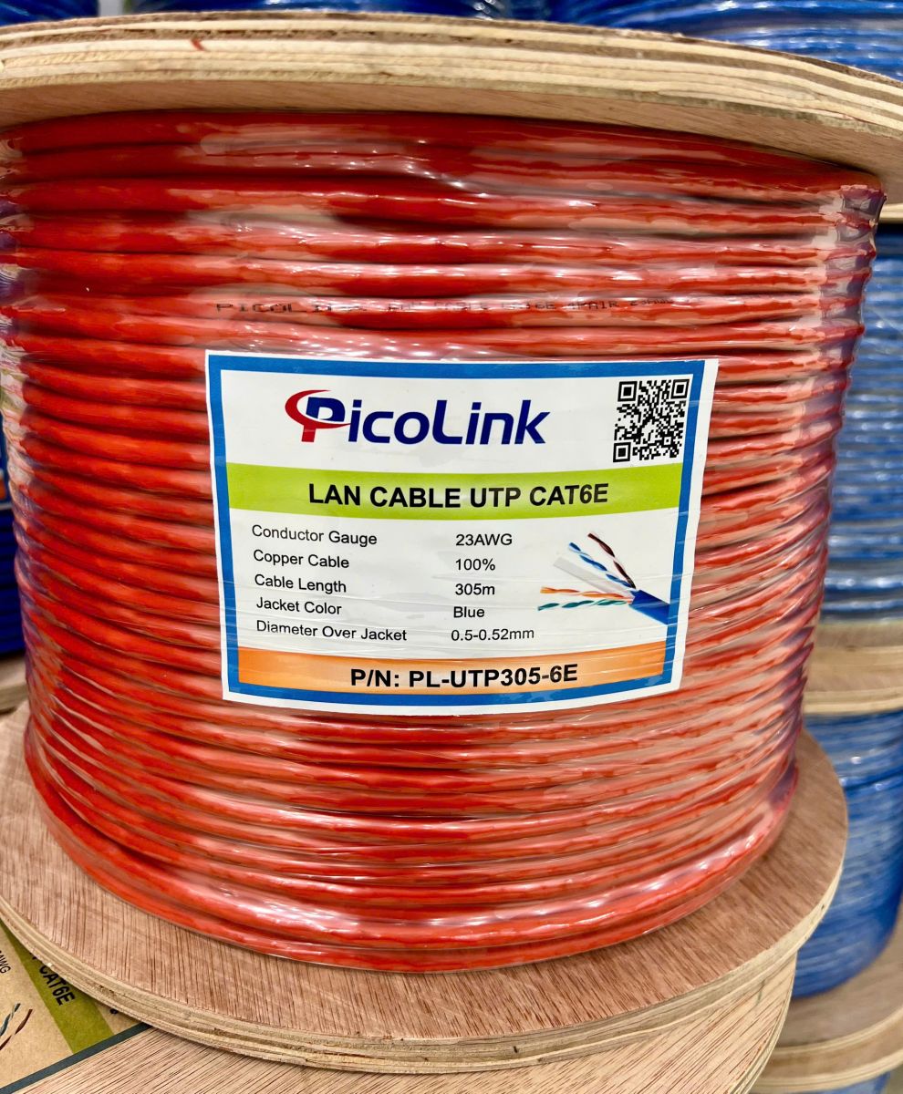 Dây mạng, cáp mạng Cat6E UTP lõi đồng chuẩn 23awg, cuộn 305m lô gỗ hãng PicoLink P/N: PL-UTP305-6E,  màu cam