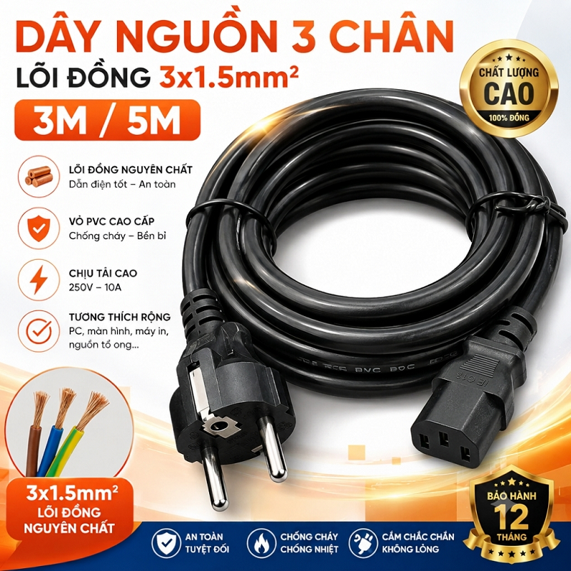 Dây nguồn 2 chân dài 5M lõi đồng nguyên chất tiết diện 3x1.5mm cong suất 16A
