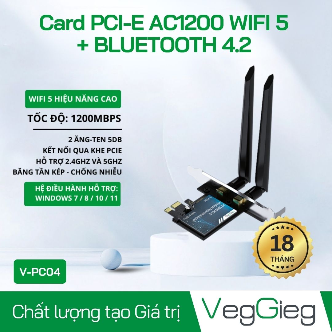 Card Chuyển Đổi PCIE AC1200 WiFi 5 + Bluetooth 4.2 Veggieg model  V-PC04 chính hãnng
