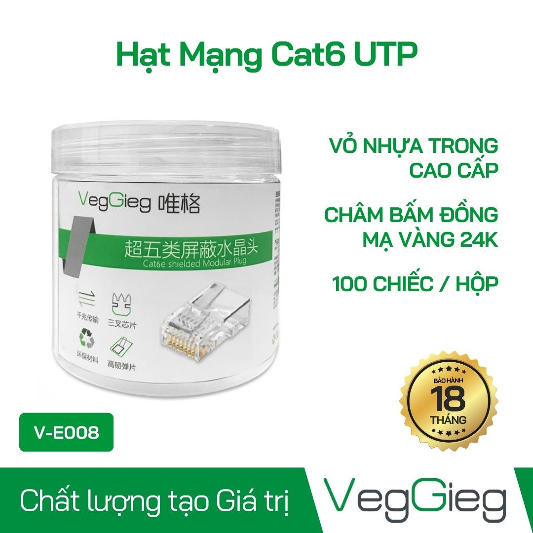 Đầu bấm hạt mạng UTP cat6E Chính hãng Veggieg, V-E008 chuẩn tốc độ gigabits