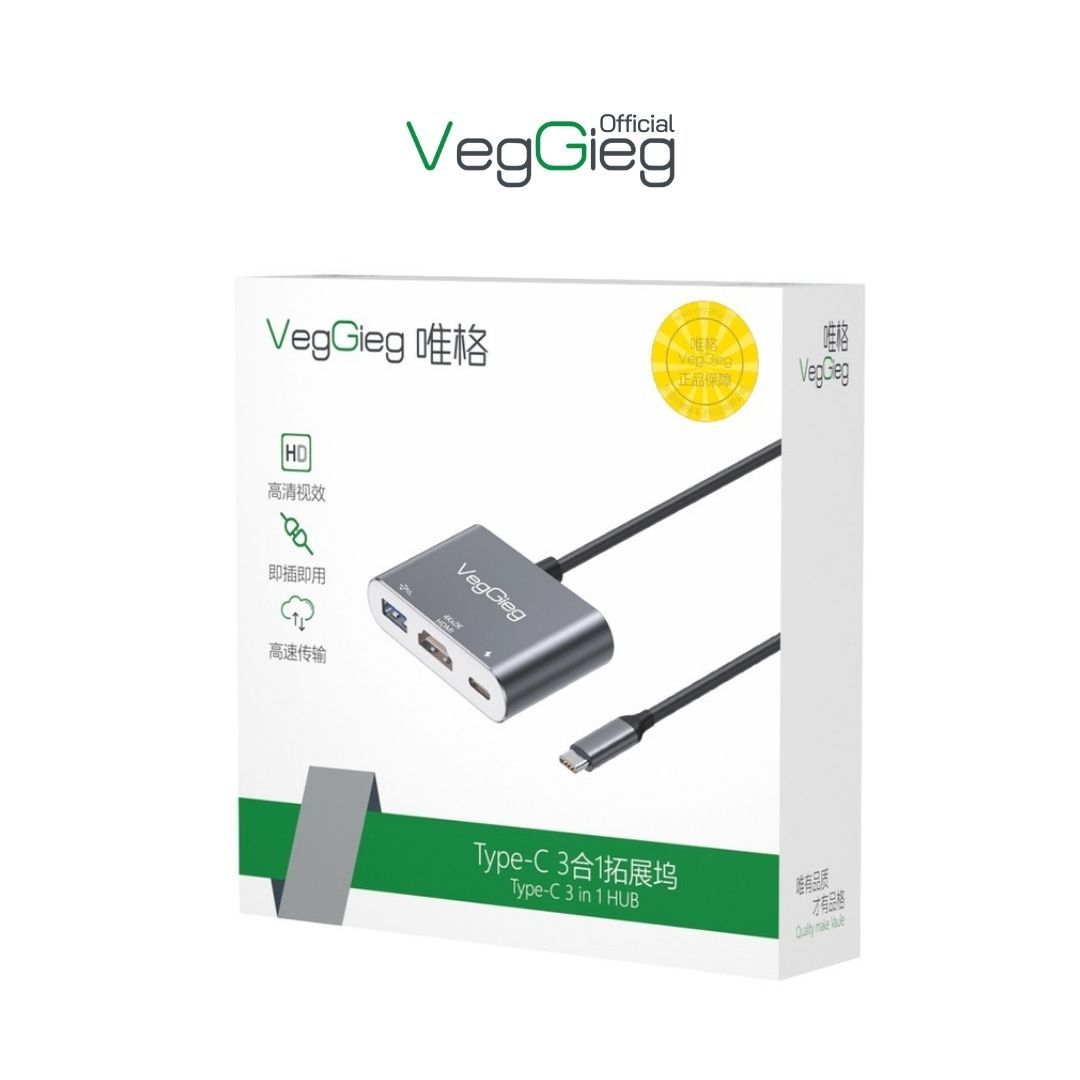 Hub Type-C 3 in 1 V-TC03, Chuyển Type-C sang HDMI, USB 3.0, PD Chính Hãng