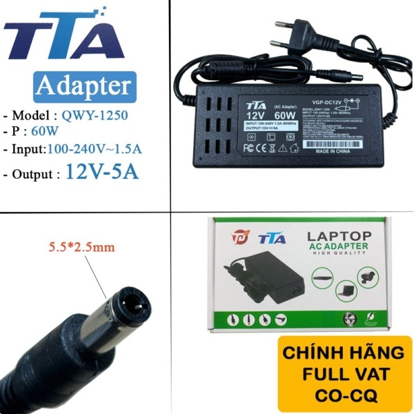 Nguồn adapter DC 12V5A chân 5.5-2.5mm 60W chính hãng TTA QWY-1250 Nguồn adapter DC 12V5A chân 5.5-2.5mm 60W chính hãng TTA QWY-1250